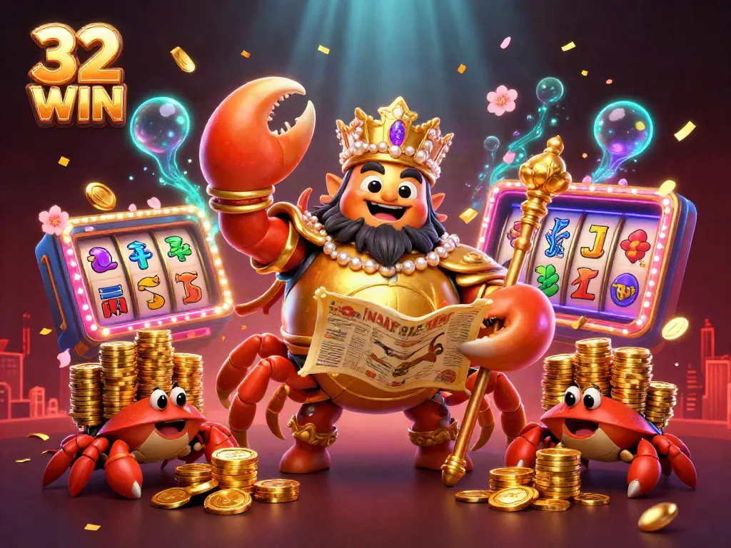 32 WIN themed casino illustration featuring a golden crab emperor surrounded by gaming elements.