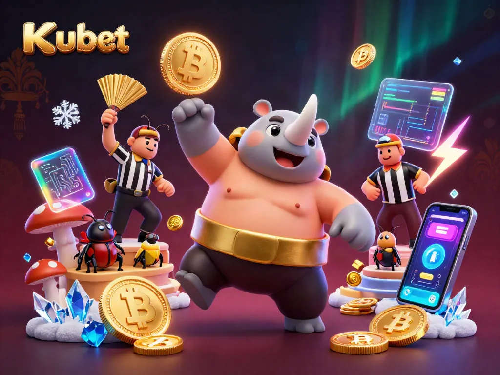 Kubet casino-themed illustration showing a sumo champion beetle celebrating with golden coins amidst crypto elements for an immersive gaming experience.