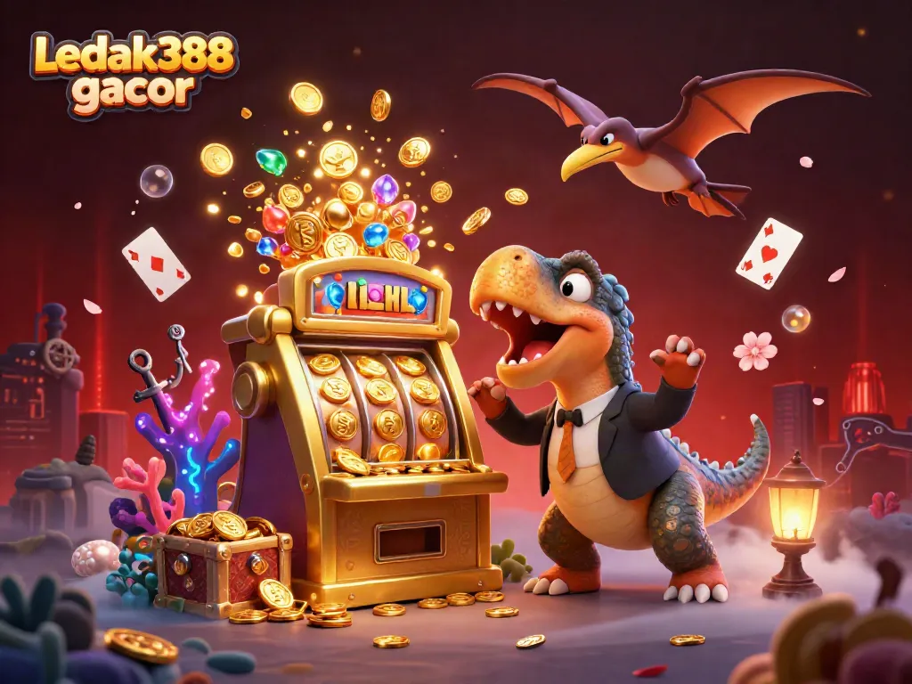 Experience the excitement of Ledak388 gacor with a dinosaur theme jackpot scene full of gold coins.