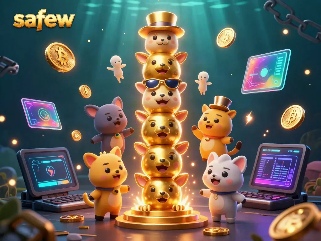 Engage with safew's crypto casino experience featuring vibrant characters and neon game elements.