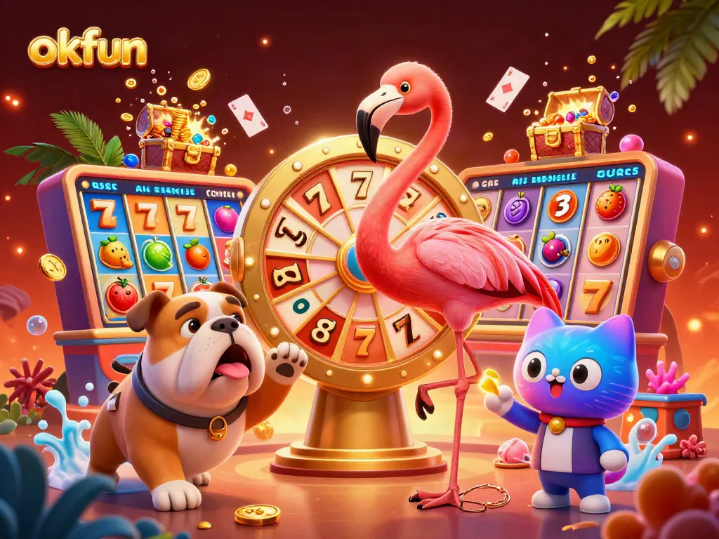 Engage in thrilling moments at okfun with a vibrant casino game show scene featuring charismatic characters and dynamic gaming elements.