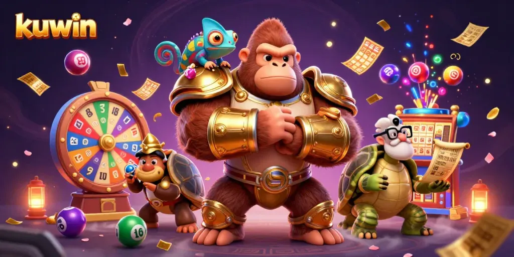Kuwin gamblers strategize with a king gorilla and wise tortoise amid colorful lottery elements.