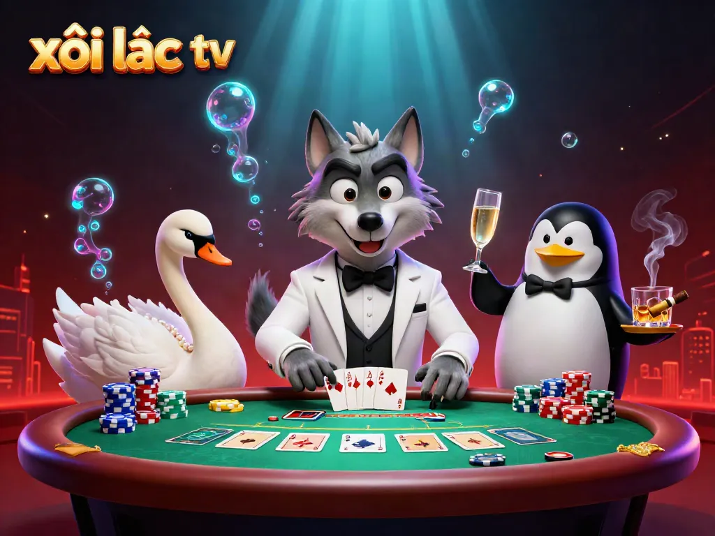 Engage with xôi lạc tv through vibrant casino-themed 3D illustration showcasing characters at a baccarat table.