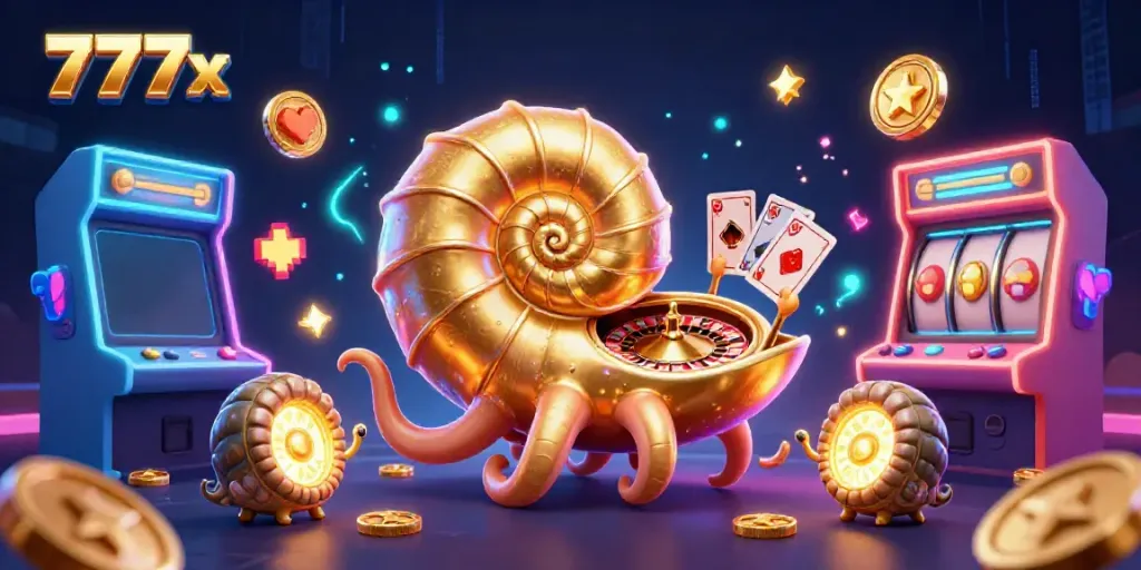 Experience thrilling gaming at 777x with a vibrant casino scene featuring an ancient nautilus, roulette wheel, and dynamic gaming elements.