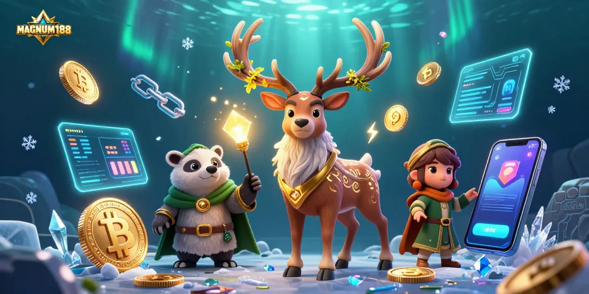 Experience the thrill of MAGNUM188 with a rich, vibrant casino scene featuring magical elements and cryptocurrencies.