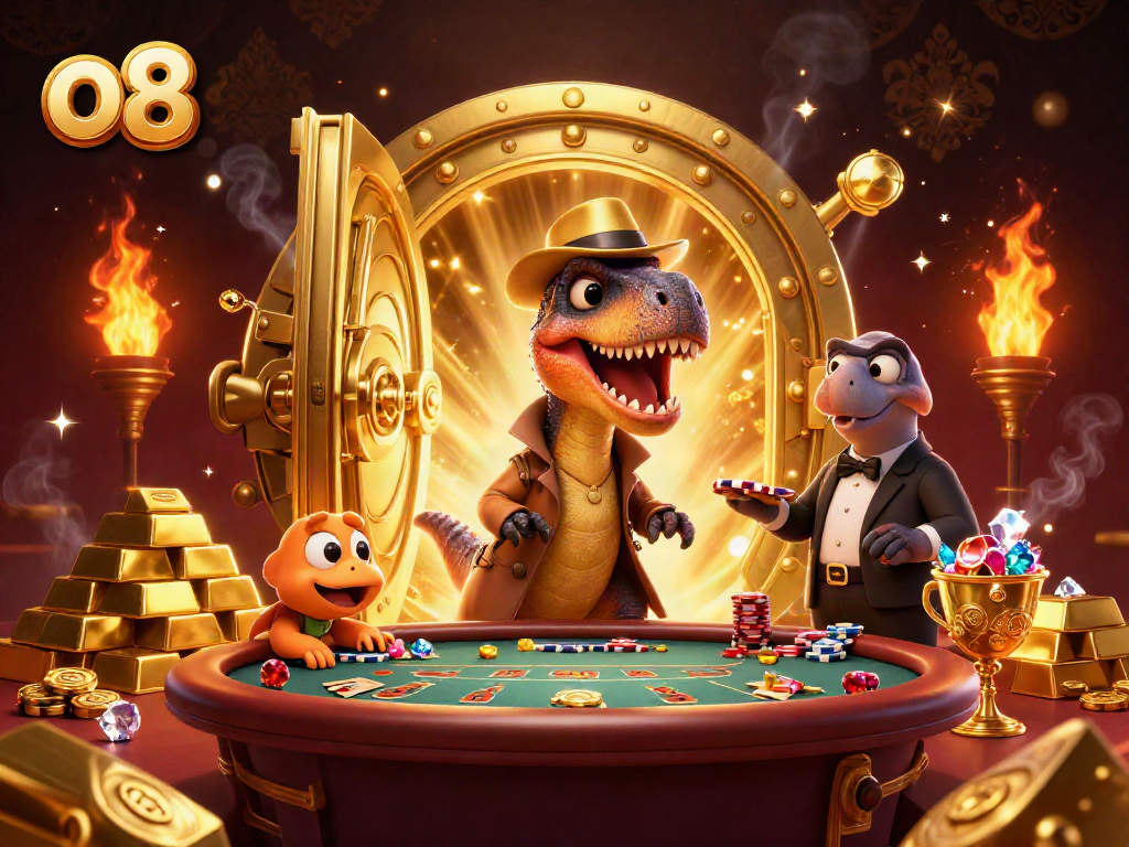 o8 delivers an exciting casino scene with a velociraptor card counter, adding thrills to the blackjack table.