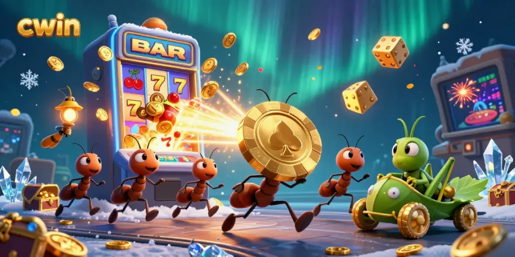 cwin showcases a heist scene with ants and casino elements in vibrant 3D detail, enhancing engagement.
