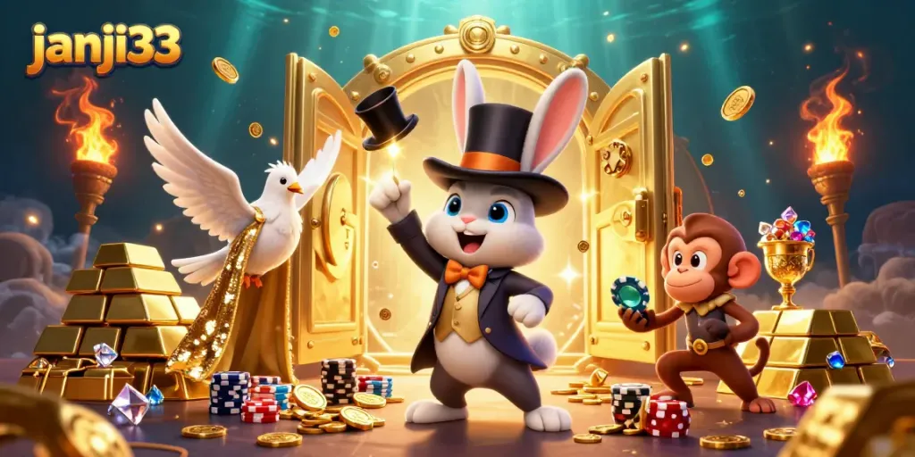 Gambaran janji33 bermain slot dengan kelinci pesulap menarik koin emas dan monyet mencuri chip poker.
