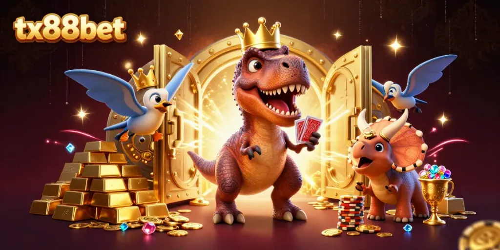 Experience tx88bet's thrilling casino adventure with cartoon dinosaurs card shuffling gold stacking
