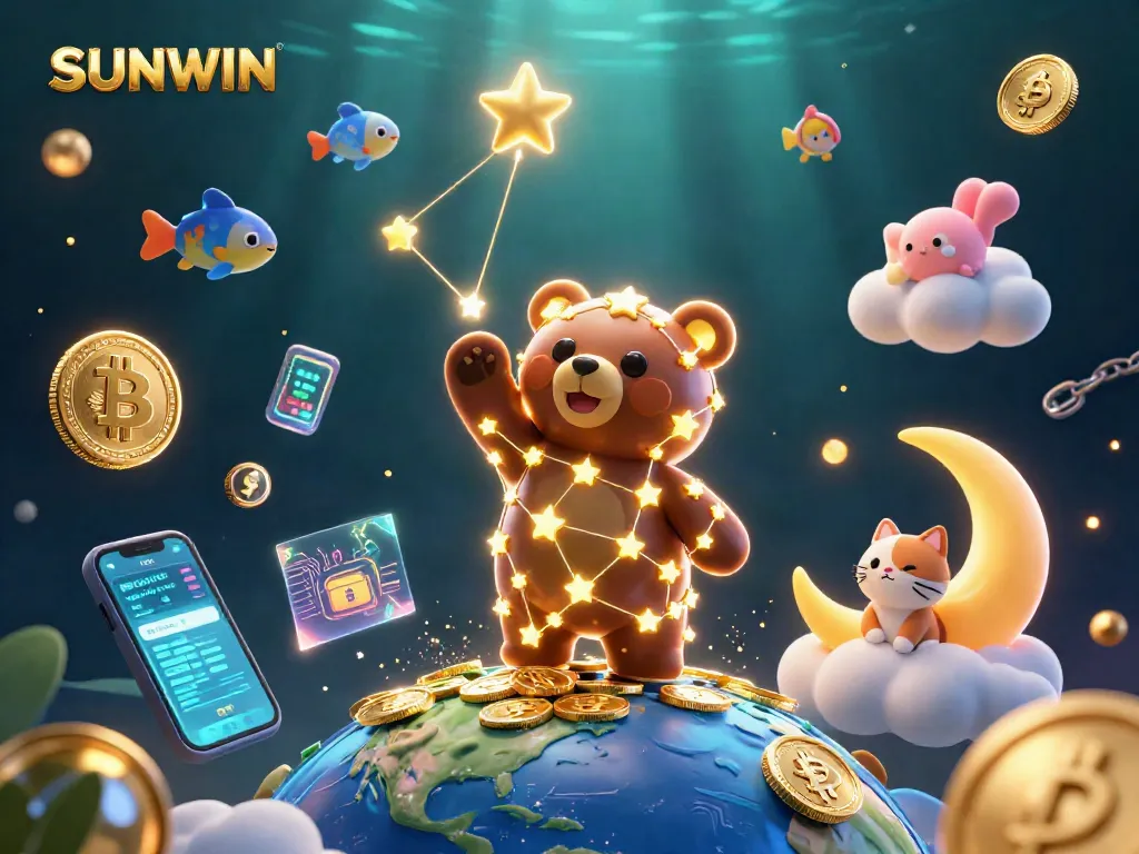 Scoop coins in SUNWIN with glowing crypto elements and celestial characters for a vibrant casino atmosphere.