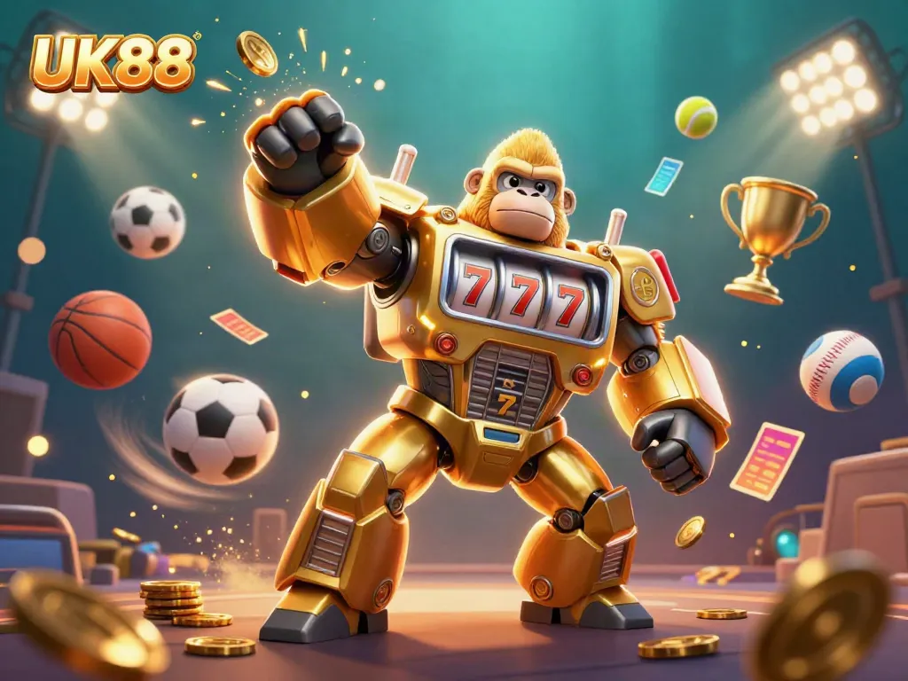 Experience the excitement of UK88 with a thrilling illustration of a golden gorilla mech amidst dynamic sports betting elements.