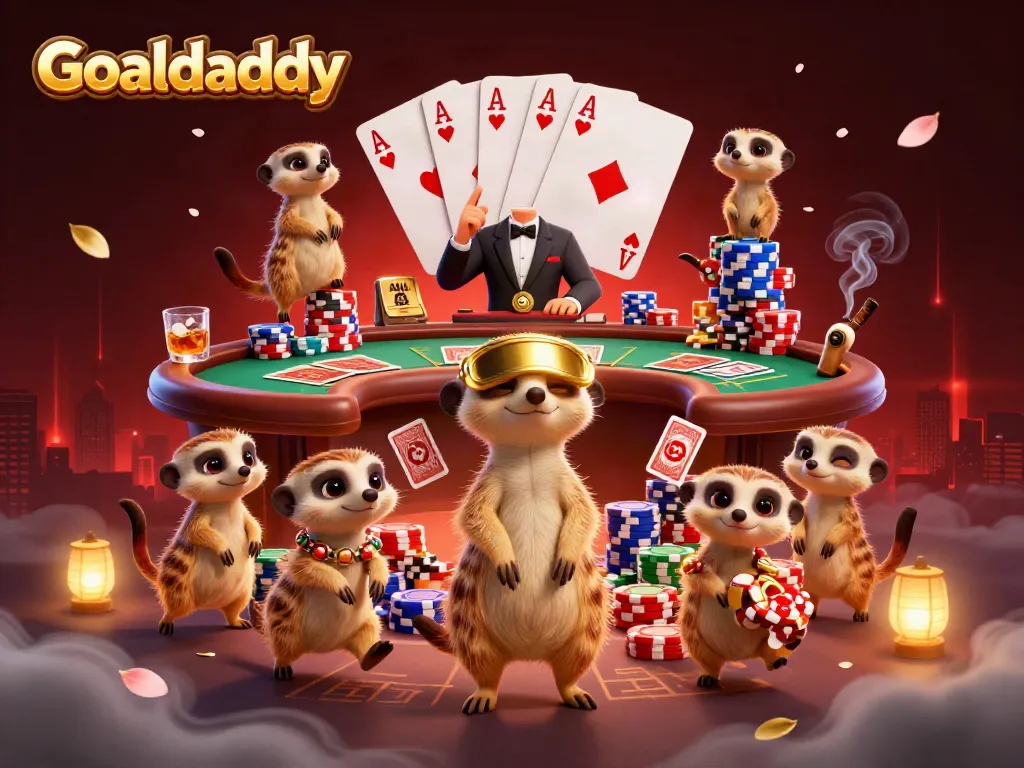Experience the excitement of Goaldaddy with a lively meerkat casino scene showcasing cards, chips, and dynamic gameplay.