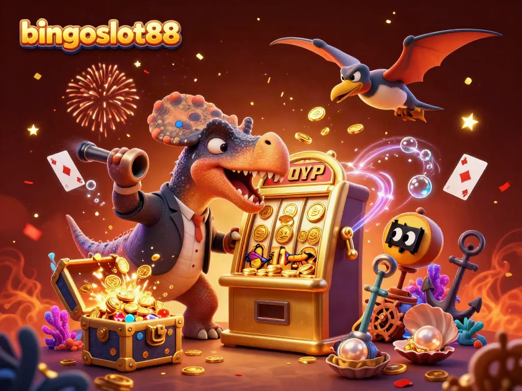 Bingoslot88 menunjukkan pachycephalosaurus yang menyerang mesin slot emas dan sepuluh koin kuning yang berterbangan.