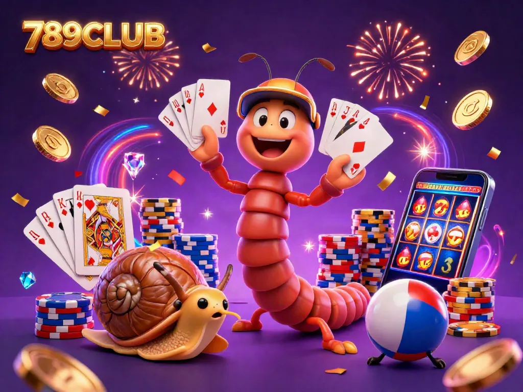 Experience thrilling gaming with 789CLUB's vibrant casino illustration featuring cartoon characters and dynamic elements.