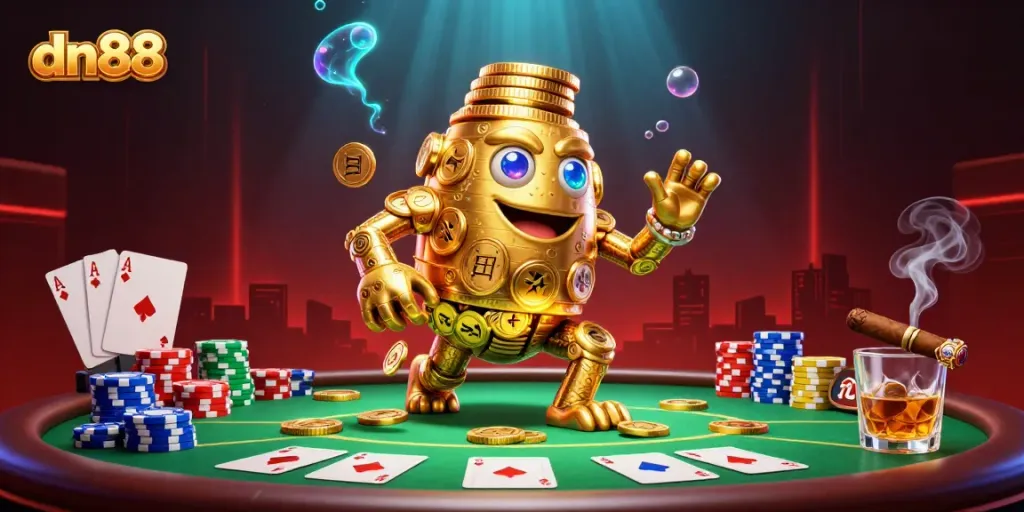Engage with the exciting dn88 casino environment featuring a golden golem and vibrant poker elements.