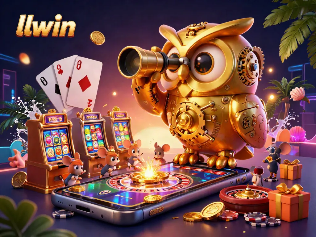 Experience thrilling gaming at llwin with a vibrant casino scene featuring an owl and slot machines.