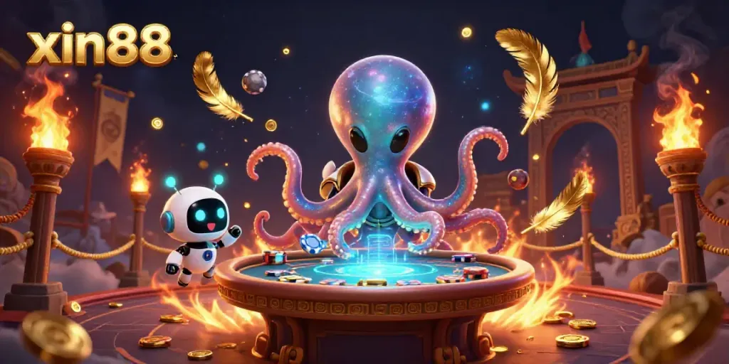 Win big at xin88 with a whimsical alien octopus dealing poker at a cosmic casino.