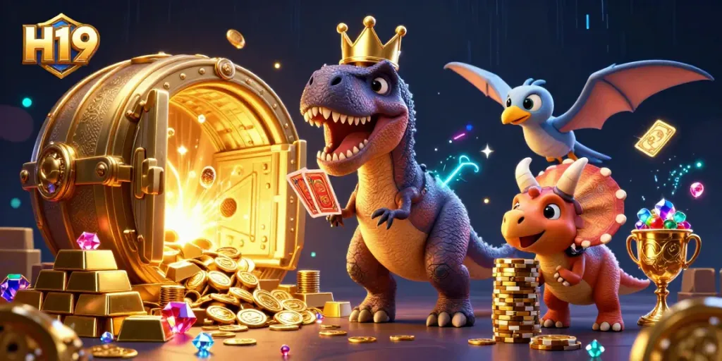 Exciting scene depicting H19 as a colorful online casino with characters enjoying card games and chip stacking.