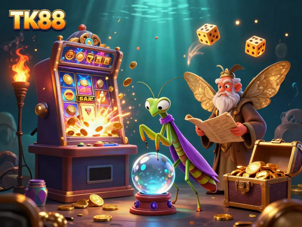 Experience thrilling winning moments at TK88 with vibrant casino elements bursting from a mystical scene.