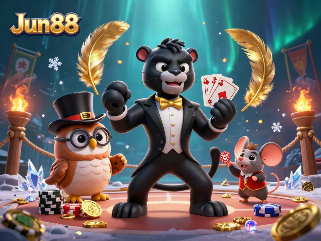 Experience exciting gameplay at Jun88 with a stylish card dealer, an owl, and a lucky mouse.