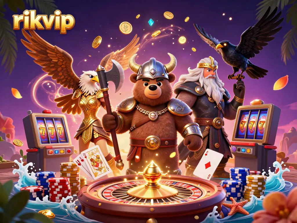 The Viking berserker bear celebrates a victory in the dynamic casino scene featuring rikvip.