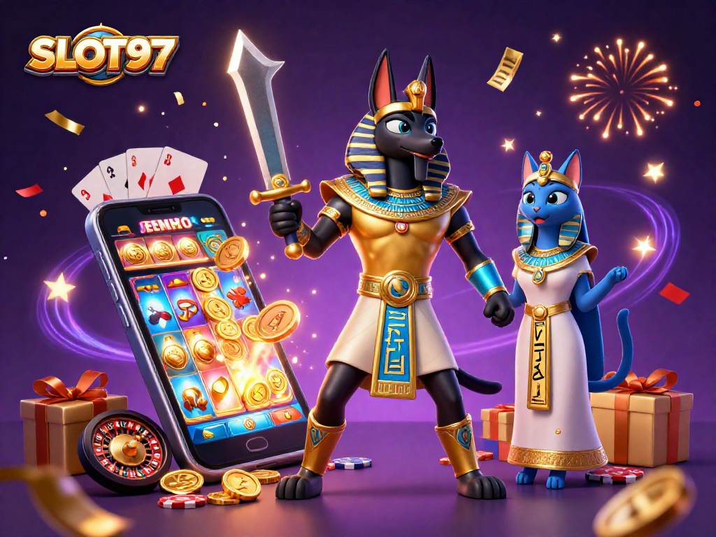 SLOT97 showcases an ancient Egyptian warrior and priestess amidst vibrant casino elements in a dynamic 3D scene.