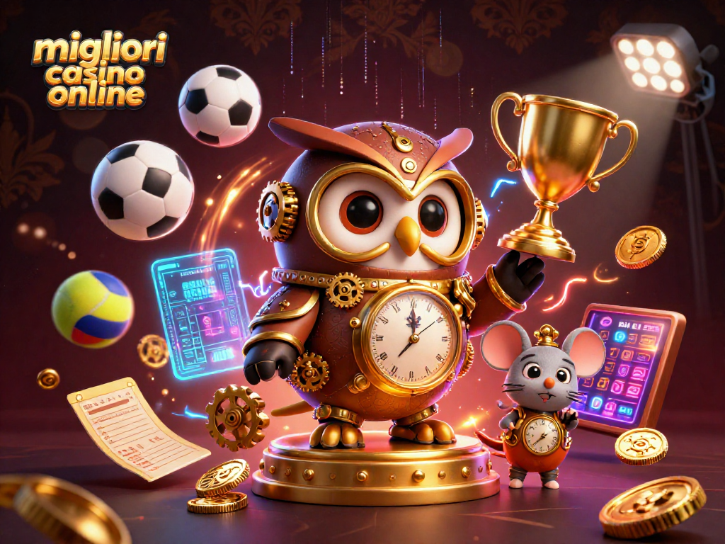 Visualizza i migliori casino online con un gufo viaggiatore nel tempo e elementi futuristici.