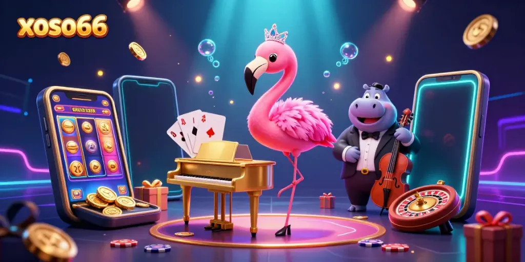 Experience the vibrant energy of xoso66 with a flamingo singer and hippo bassist surrounded by casino elements.