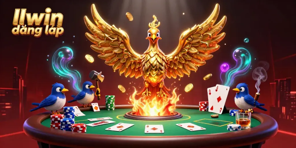 Engage in llwin đăng nhập with a vibrant casino scene featuring a phoenix and poker elements.